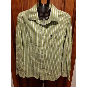 American Eagle Vintage Fit Button Shirt Mens XL‎ Green White Striped Long Sleeve